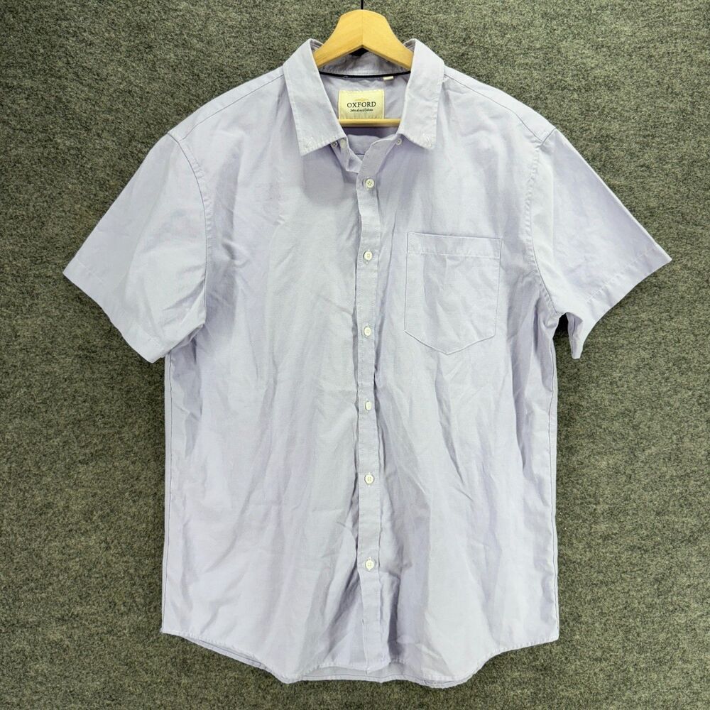 Oxford Shirt Men L Large Blue Button Up Collared Short Sleeve Pockets Regular